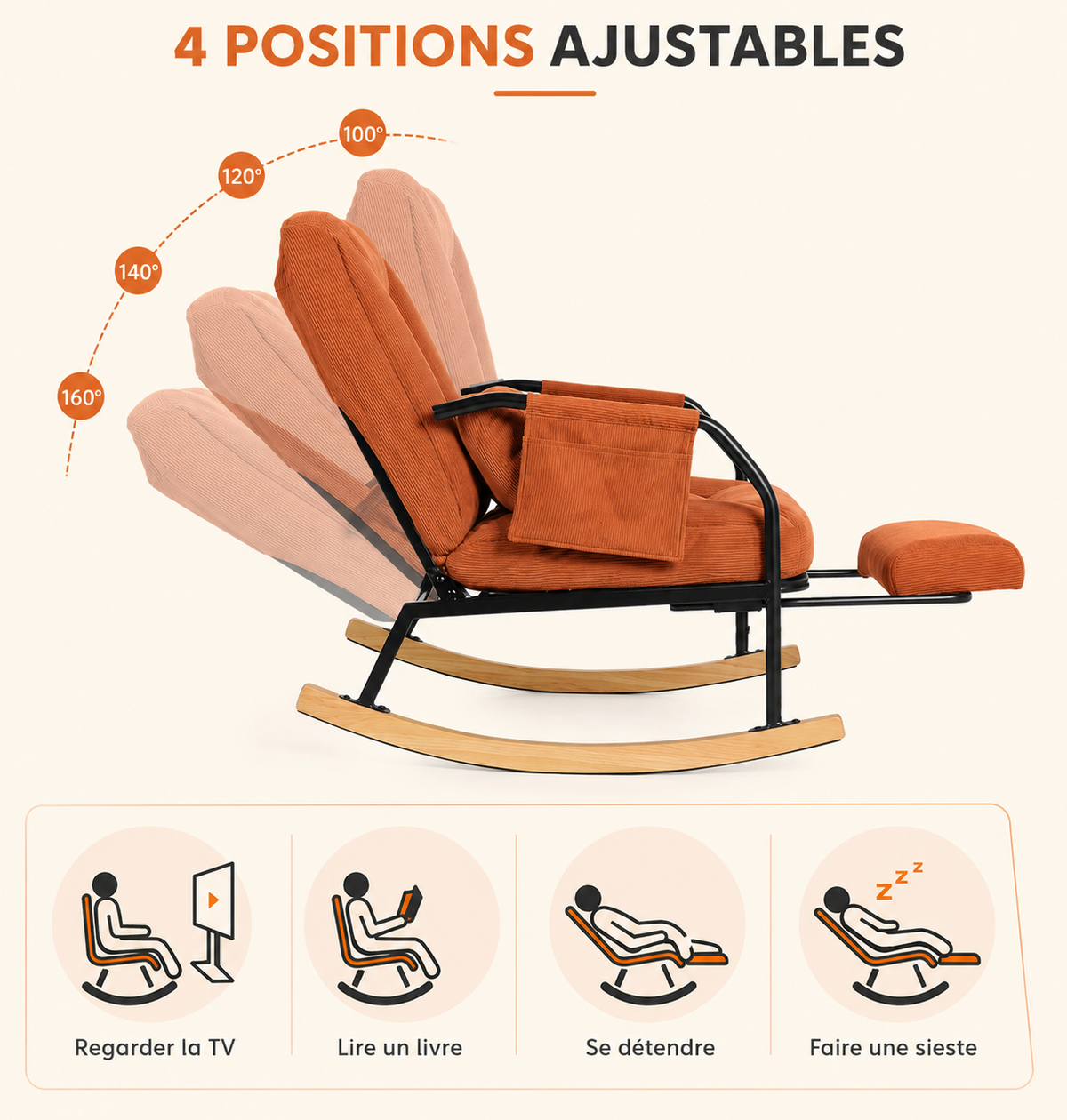 Rocking chair design Milo avec repose-pieds