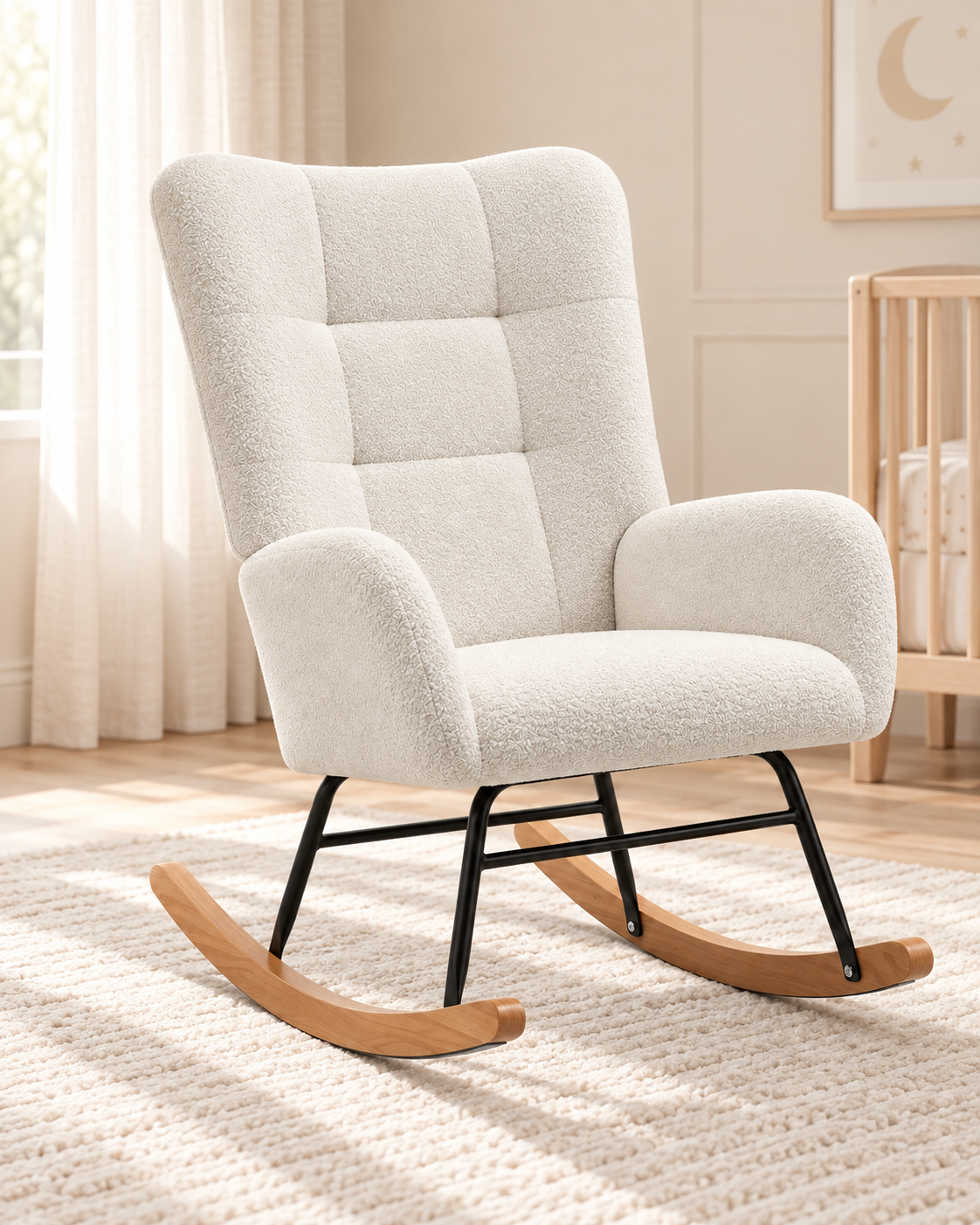 Fauteuil à bascule allaitement Romane laine bouclée