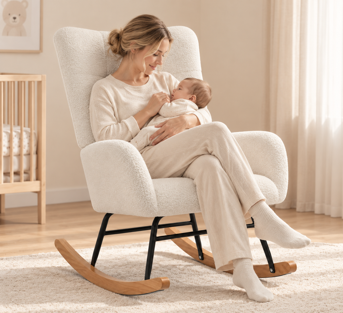 Fauteuil à bascule allaitement Romane laine bouclée